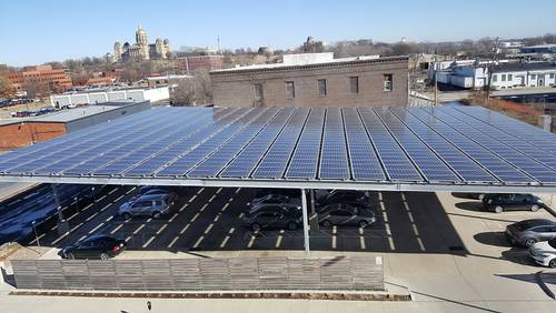 <p>One of the parking lots is covered with solar panels.</p>