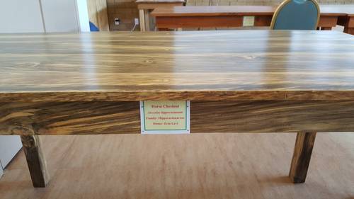 <p>The sign on each table indicates what type of wood it is made of.</p>